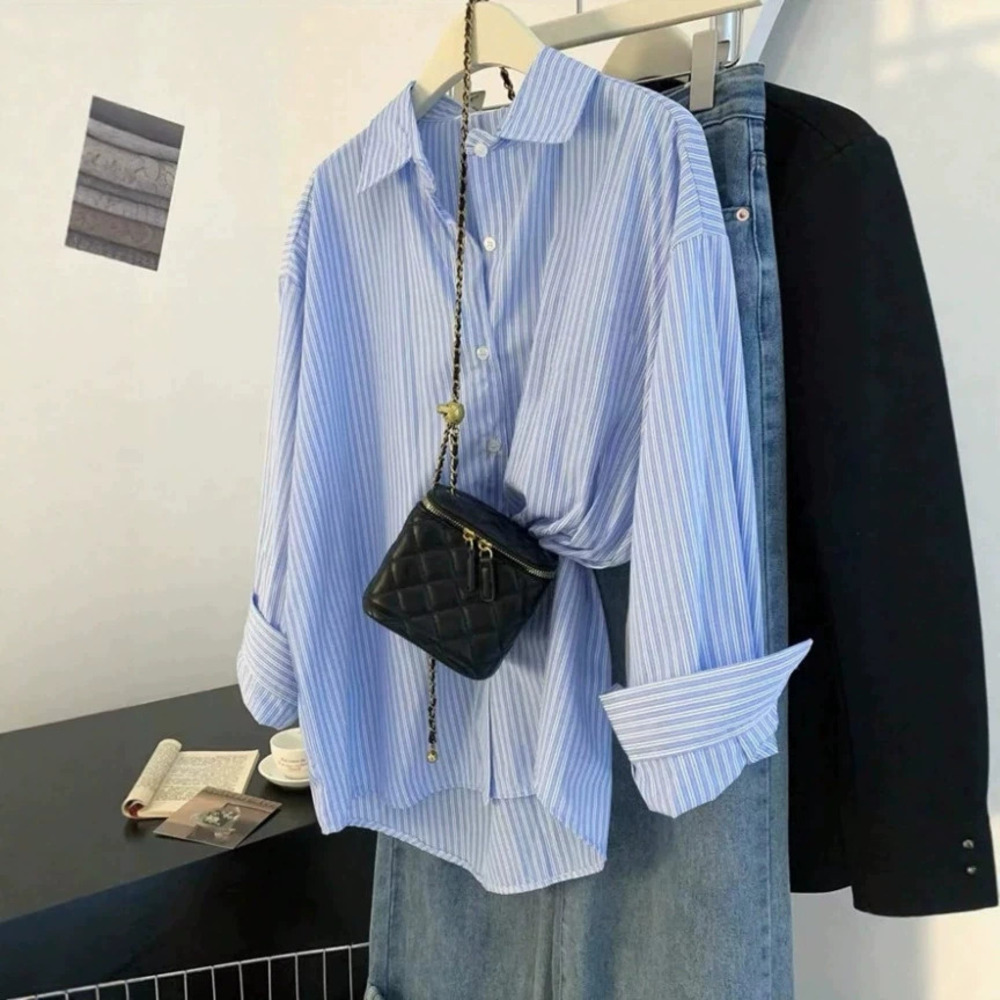 Zara Blue White Striped Mid Length Oversized Casual Shirt